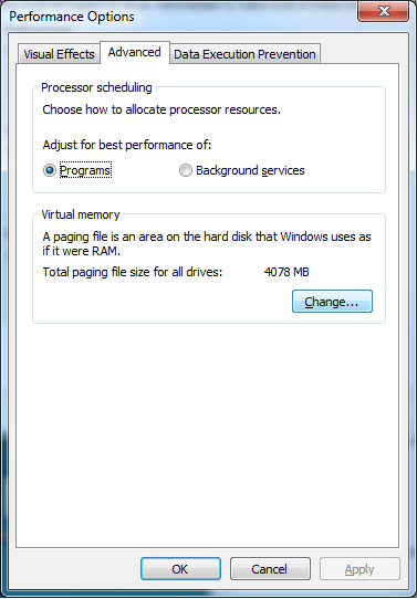 System Properties, Advanced, Change Virtual Memory